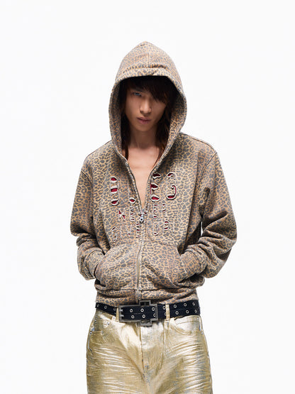 Leopard Damage Patch Double-Zipper Hoodie WN27371