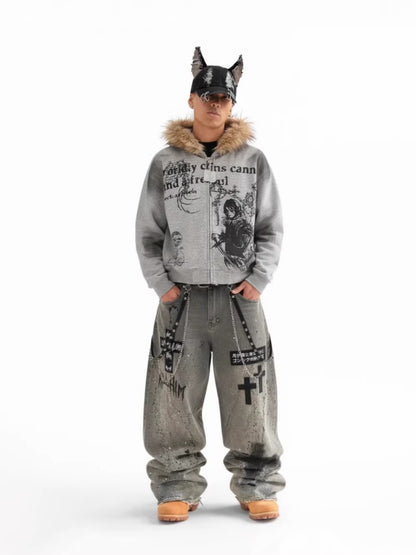 Ink Splash Ripped Detachable Metal Chain Wide Leg Denim Jeans WN27871