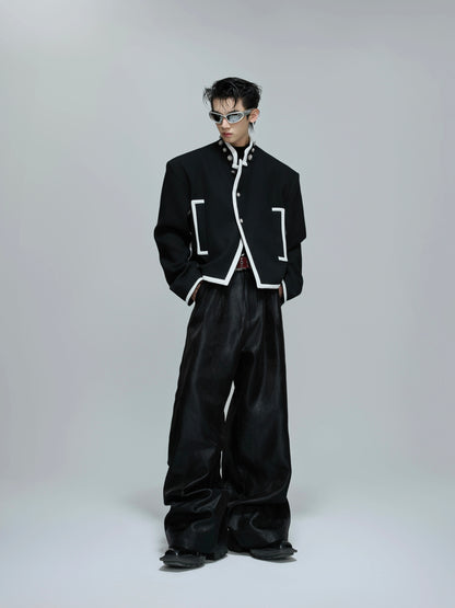 Standing-Collar Colorblock Shoulder-Pad Short Jacket WN21690