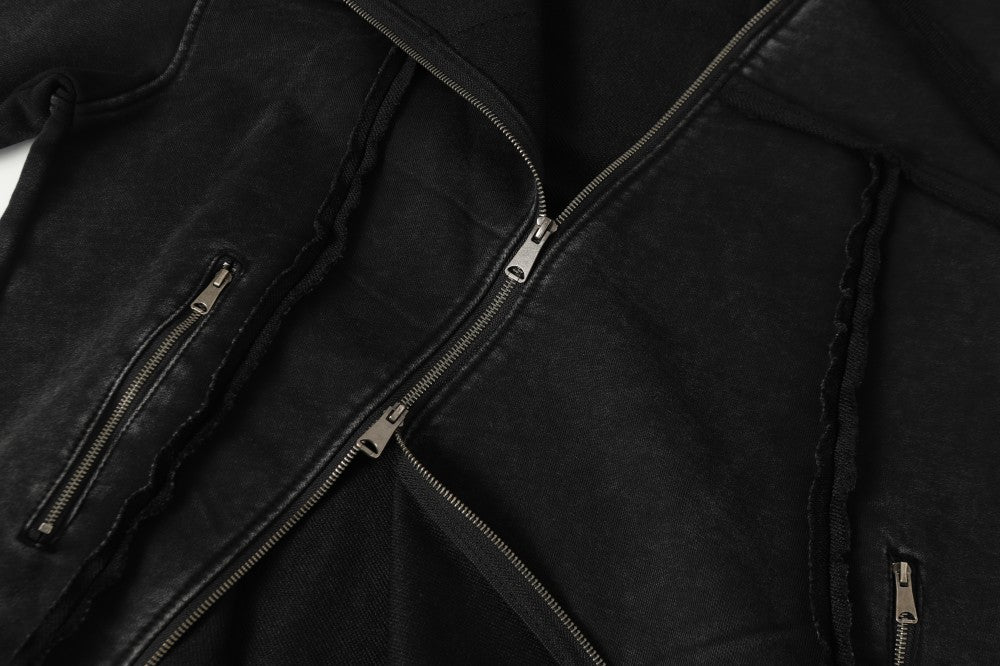 Diagonal Zipper Deconstructed Washed Oversize Hoodie WN27849