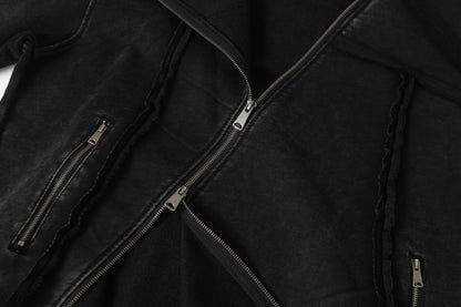 Diagonal Zipper Deconstructed Washed Oversize Hoodie WN27849