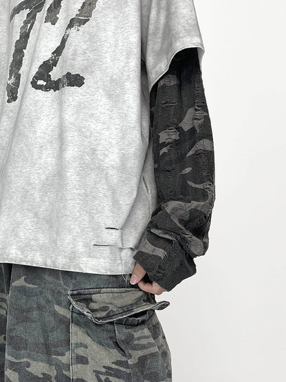 Fake Layered Number Print Damage Long Sleeve T-Shirt WN24286