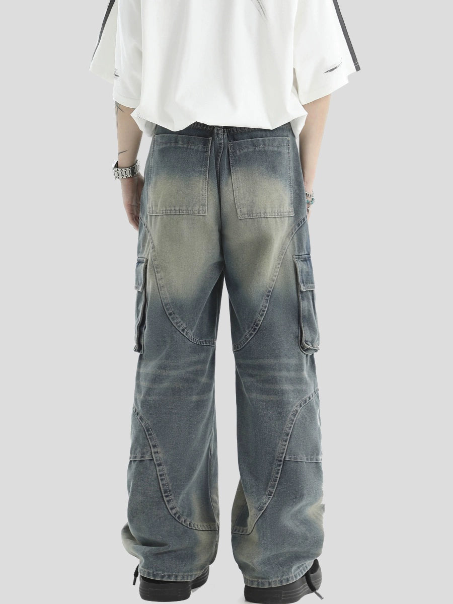 Washed Wide-Leg Straight Cargo Denim Jeans WN7177