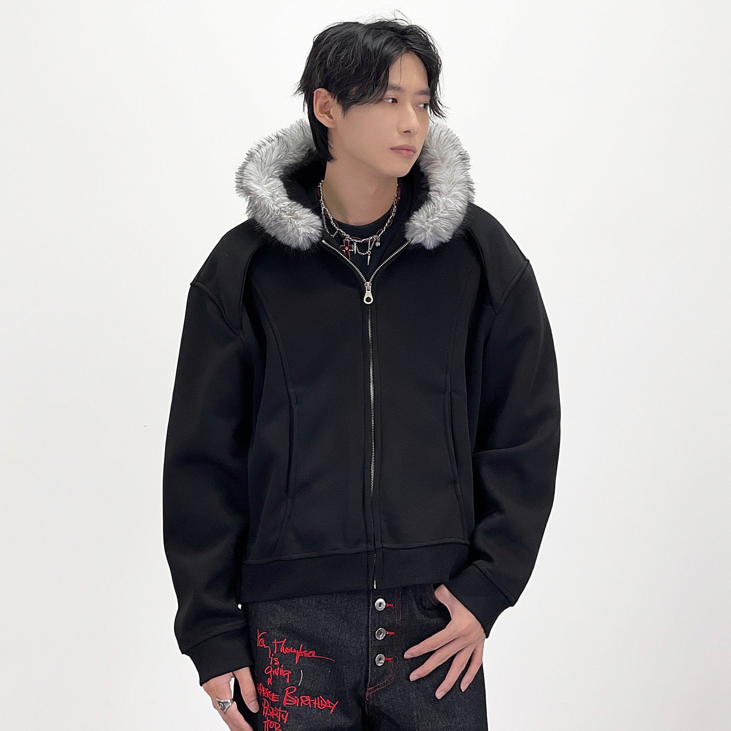 Fake Fur Collar Deconstructed Short Length Oversize Zipper Hoodie WN24239
