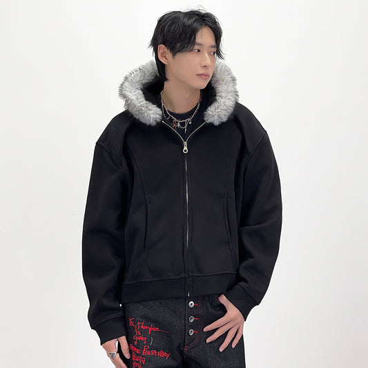 Fake Fur Collar Deconstructed Short Length Oversize Zipper Hoodie WN24239