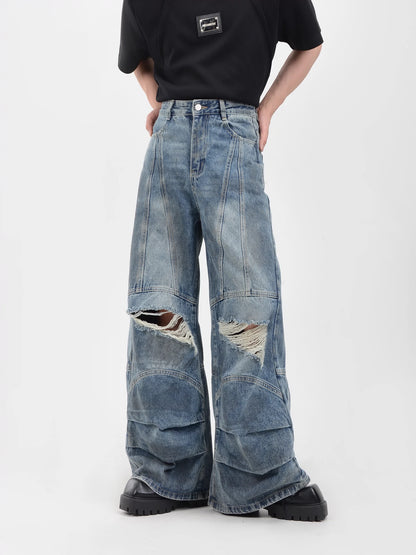 Wash Damage Wide-Leg Denim Jeans WN6123