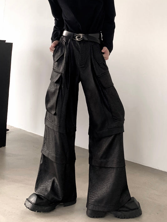 Pleates Wide-Leg PU Leather Cargo Pants WN9173