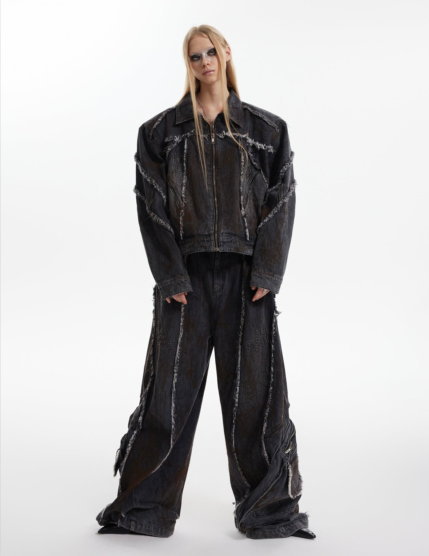 Deconstruction Shoulder-Pad Denim Jacket & Large Pocket Denim Jeans Setup WN21847