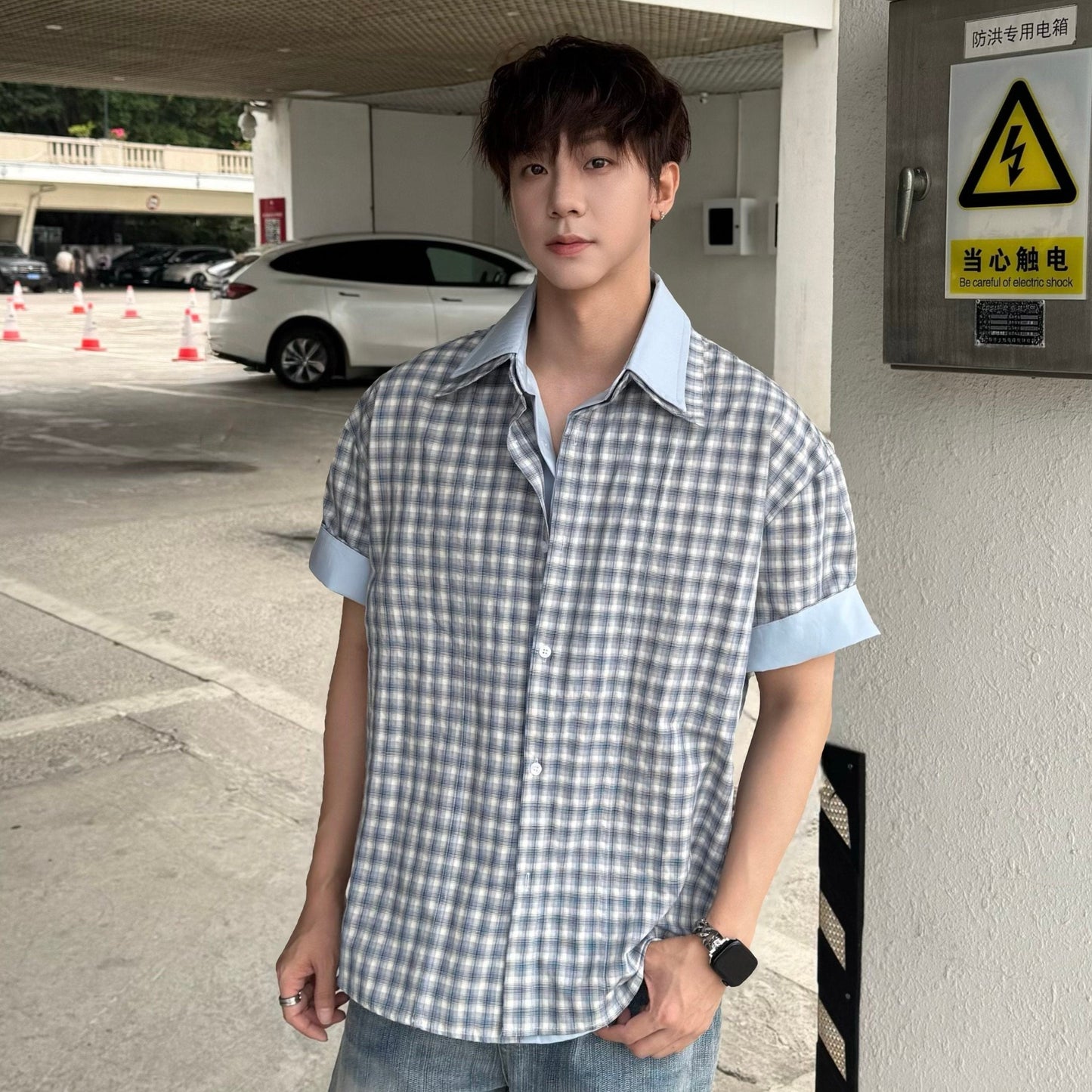 Plaid Contrast Cuff Short Sleeve Shirt WN25314