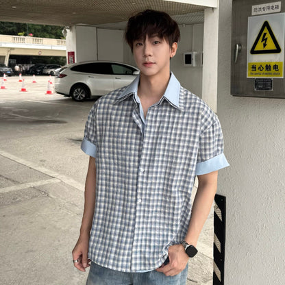 Plaid Contrast Cuff Short Sleeve Shirt WN25314