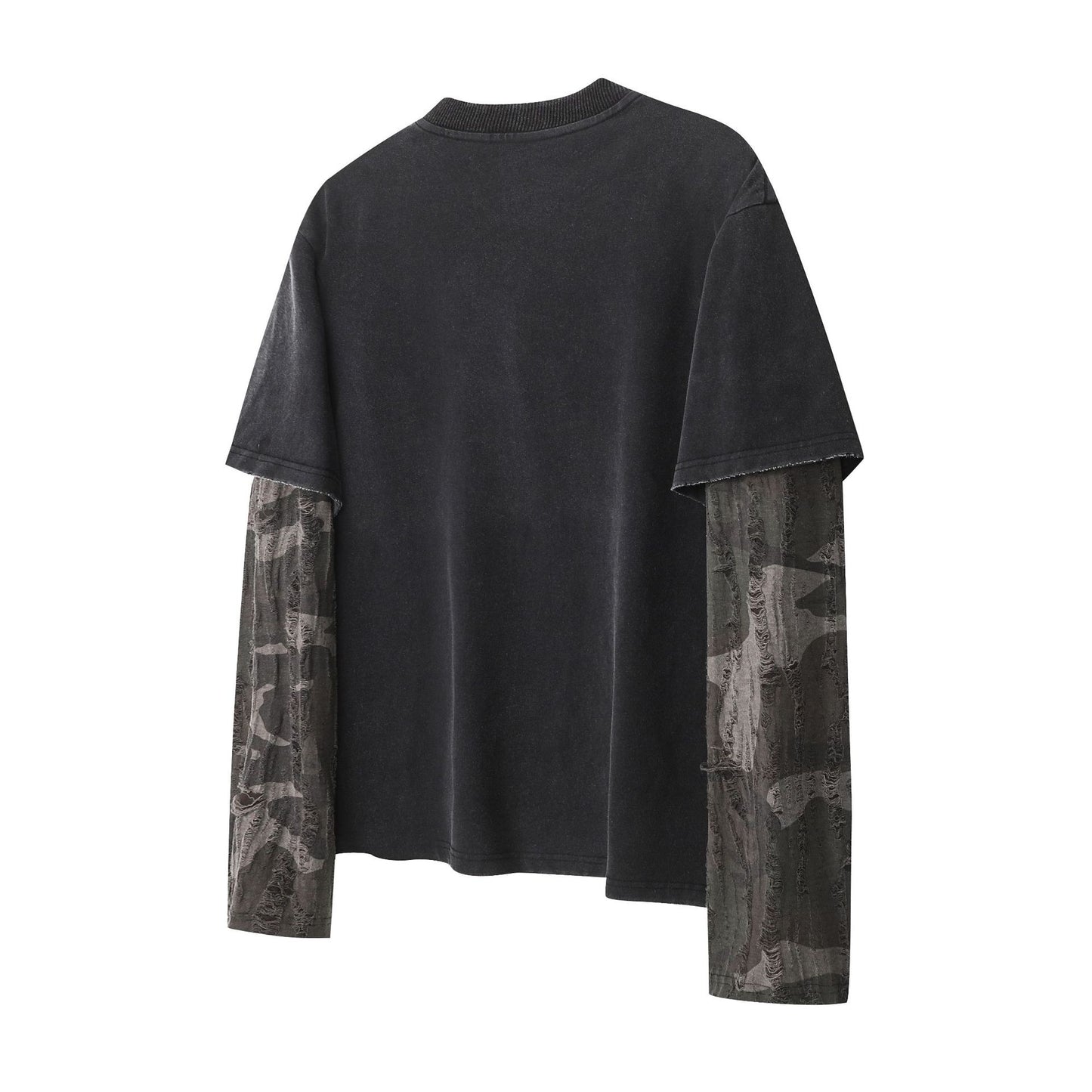 Fake Layered Camo Letter Print Washed Long Sleeve T-Shirt WN25609