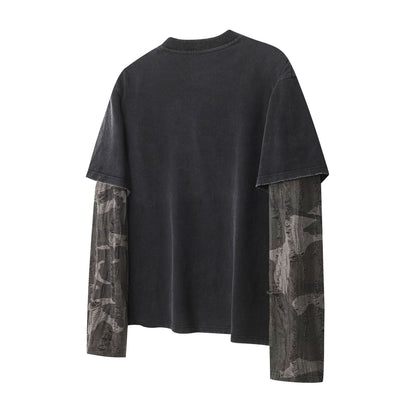 Fake Layered Camo Letter Print Washed Long Sleeve T-Shirt WN25609