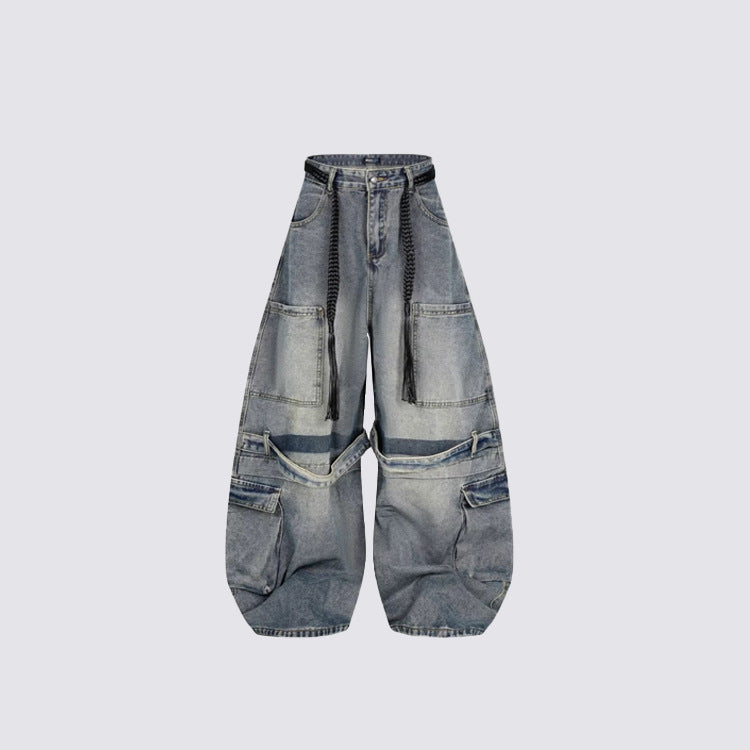 Gradient Multi-Pocket Drawstring Wide Leg Denim Jeans WN27828