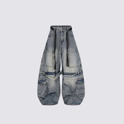 Gradient Multi-Pocket Drawstring Wide Leg Denim Jeans WN27828