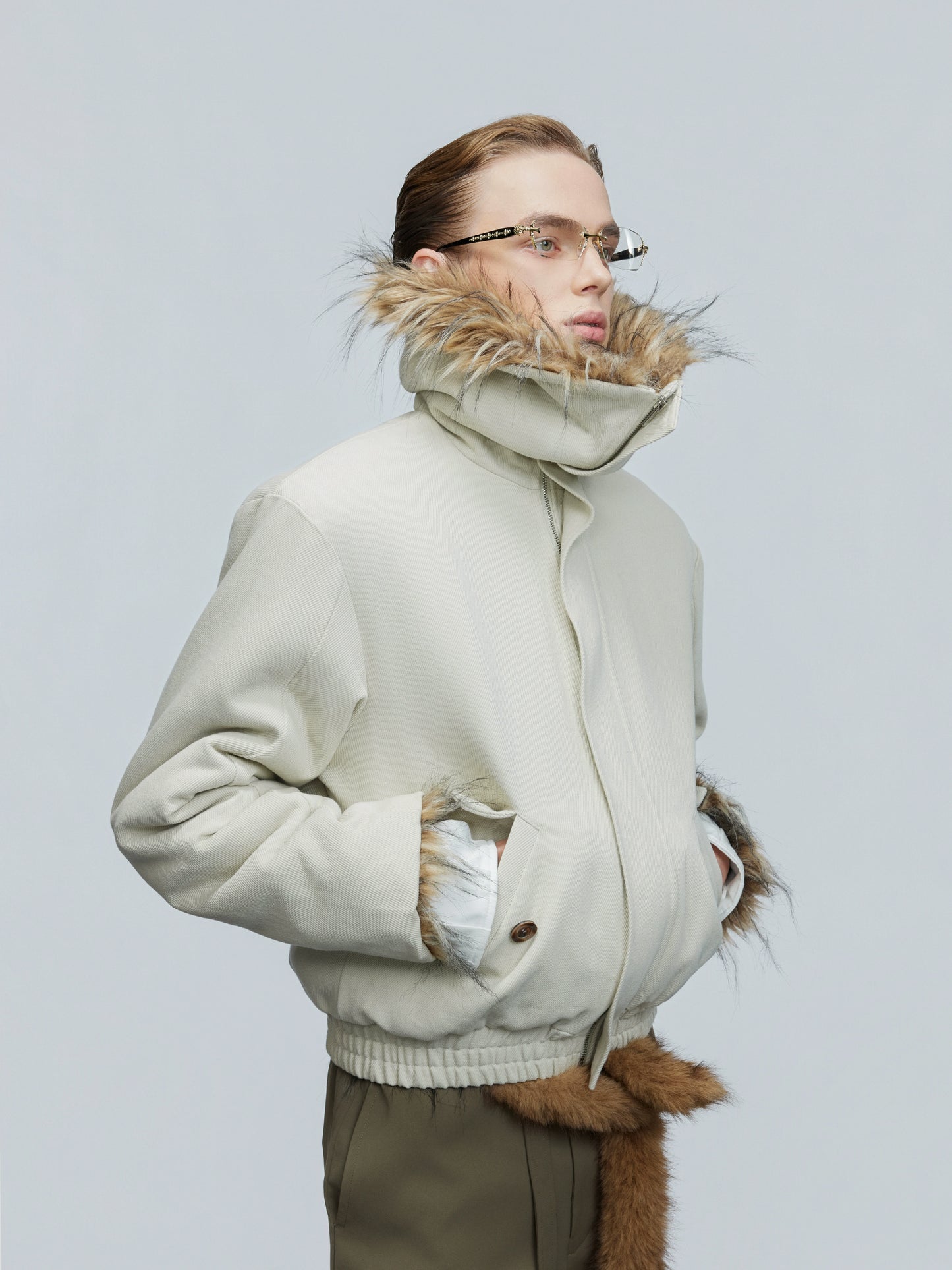 Washed Fake Fur Collar Lapel Thick Puffer Jacket WN21745