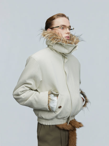 Washed Fake Fur Collar Lapel Thick Puffer Jacket WN21745