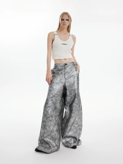 Wide Leg Silver PU Leather Pants WN8662