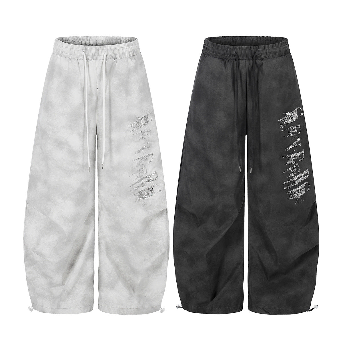 Washed Letter Print Drawstring Wide Leg Pants WN25389