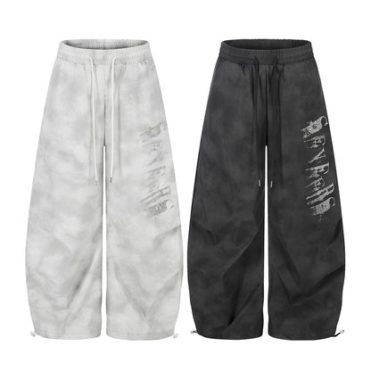 Washed Letter Print Drawstring Wide Leg Pants WN25389