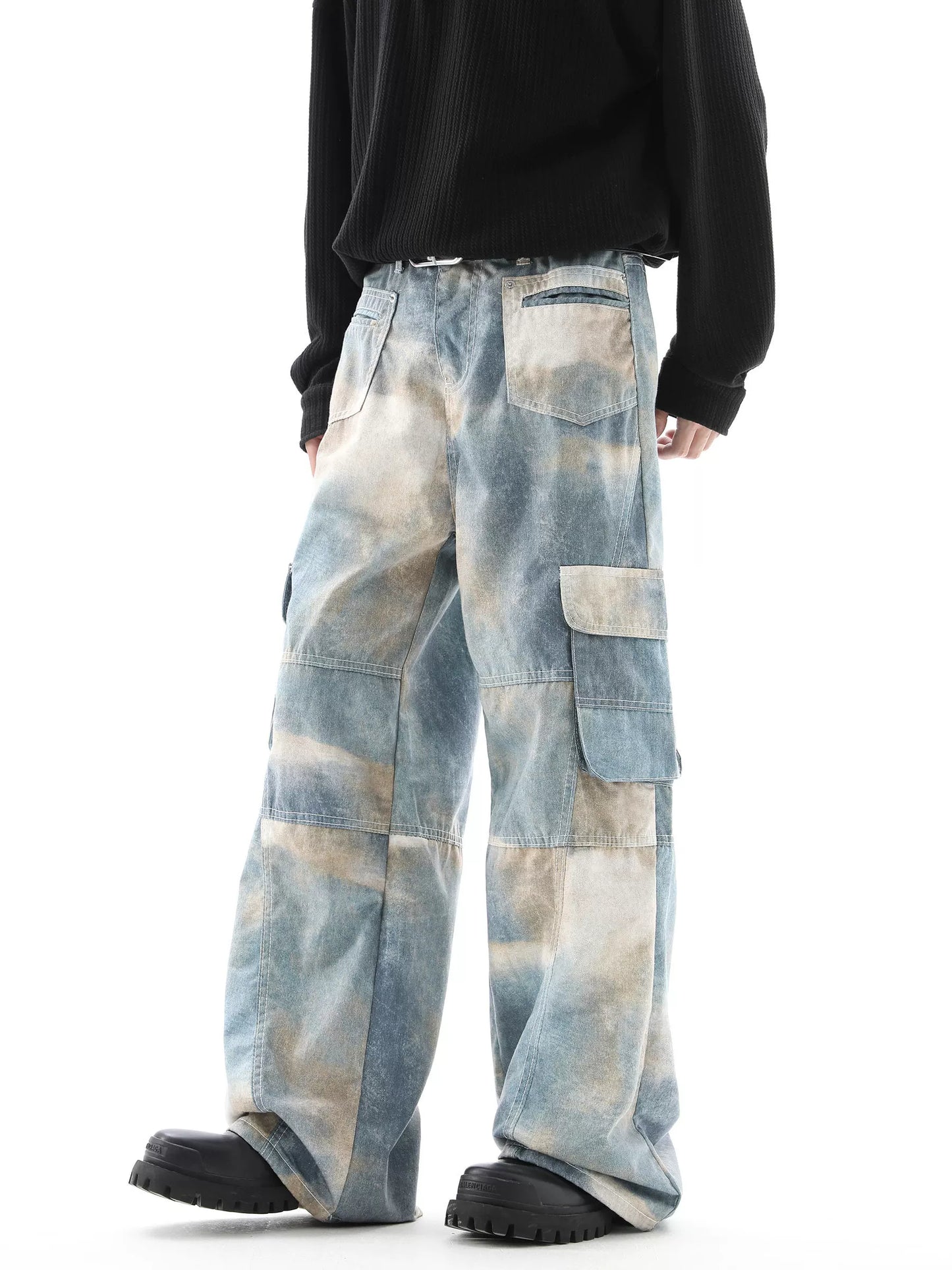 Tie-Dye Gradient Multi-Pocket Wide-Leg Cargo Denim Jeans WN10353