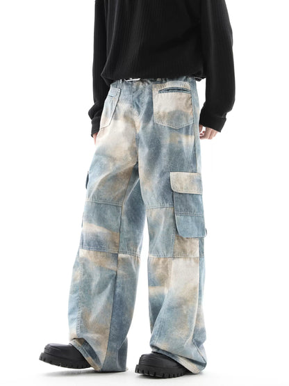 Tie-Dye Gradient Multi-Pocket Wide-Leg Cargo Denim Jeans WN10353