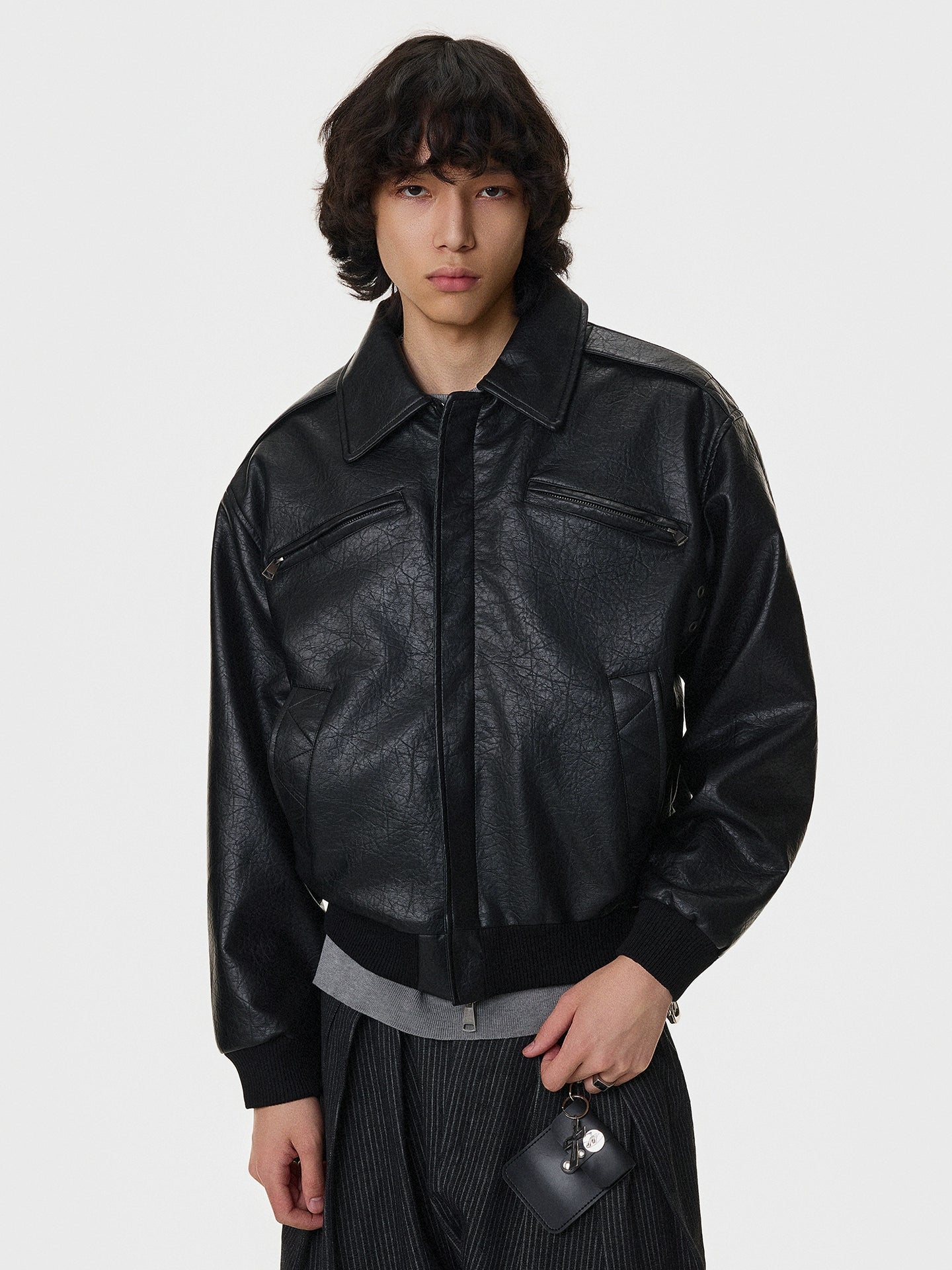 Textured Multi-Pocket Short PU Leather Jacket WN21394