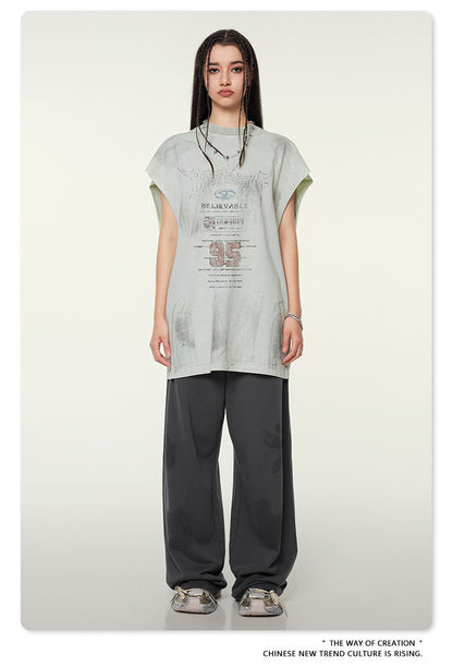 Washed Damage Print Oversize Tank Top T-shirt WN6391