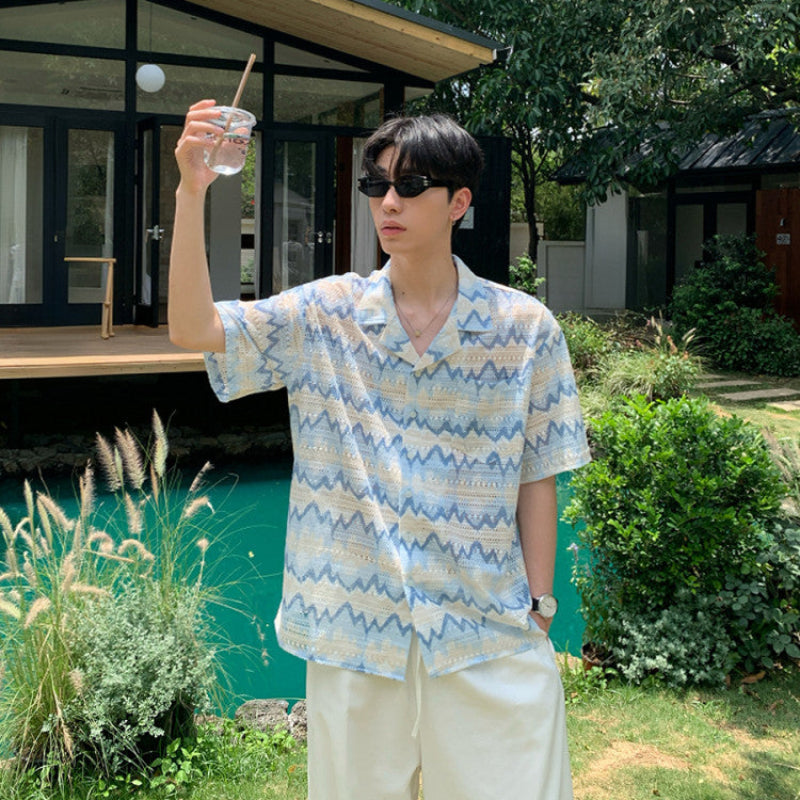 Wave Pattern Open Collar Short Sleeve Shirt WN24883