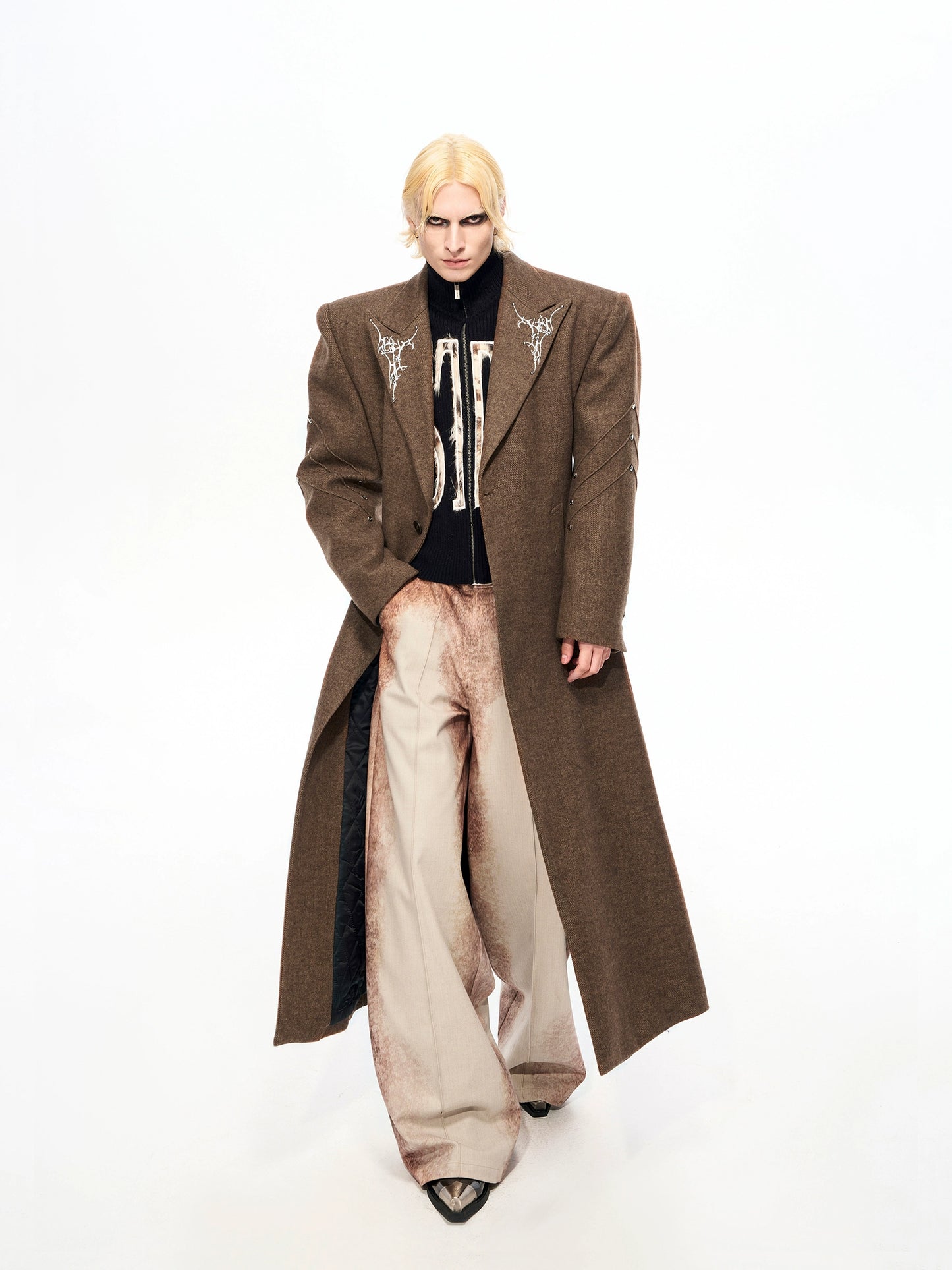 Thorn Embroidery Shoulder-Pad Wool Long Coat WN22159