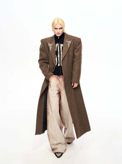Thorn Embroidery Shoulder-Pad Wool Long Coat WN22159
