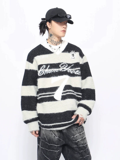 Stripe Color Block V-Neck Knit Sweater WN10898