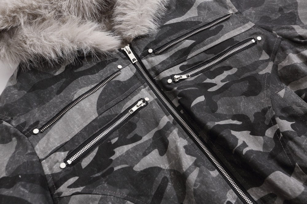Camouflage Fake Fur Collar Multi-Zipper Short Puffer Jacket WN27891
