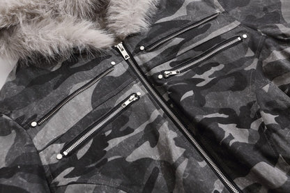 Camouflage Fake Fur Collar Multi-Zipper Short Puffer Jacket WN27891