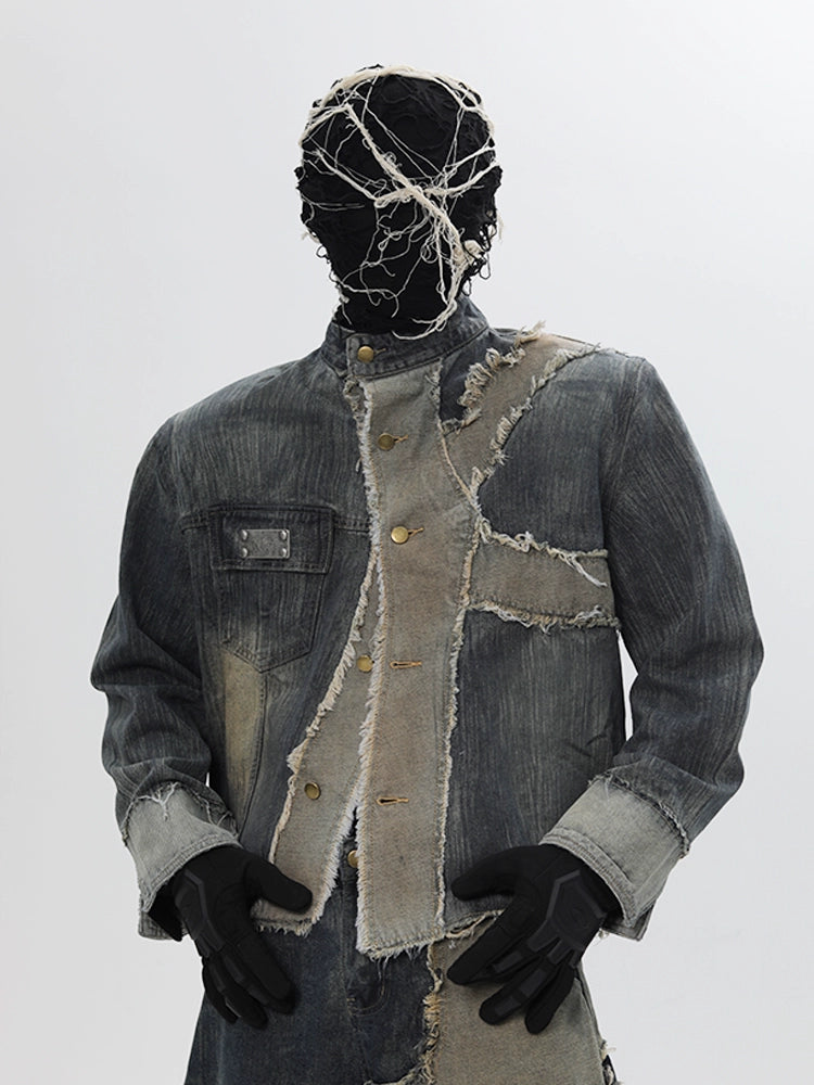 Deconstructed Patchwork Washed Denim Jacket & Damage Wide Leg Denim Jeans Setup WN18681