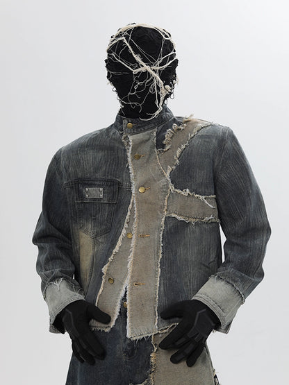 Deconstructed Patchwork Washed Denim Jacket & Damage Wide Leg Denim Jeans Setup WN18681