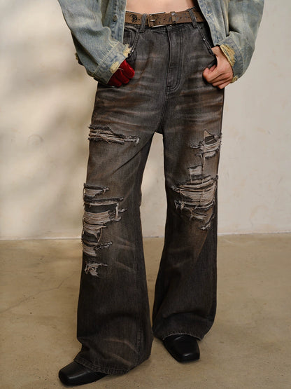 Washed Damage Micro Flare Denim Jeans WN8565