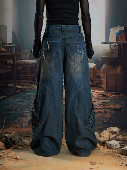 Patchwork Fringe Washed Damage Wide Leg Denim Jeans WN21354