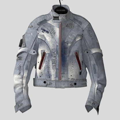 Stand Neck Damage Zipper Denim Jacket WN27105