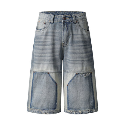 Washed Patchwork Raw Edge Cropped Denim Pants WN26827