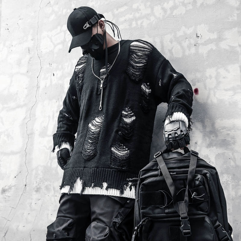 Damage Cutout Fake Layered Oversize Knit Sweater WN22309