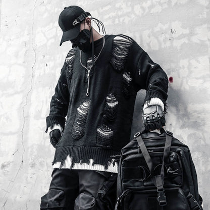 Damage Cutout Fake Layered Oversize Knit Sweater WN22309