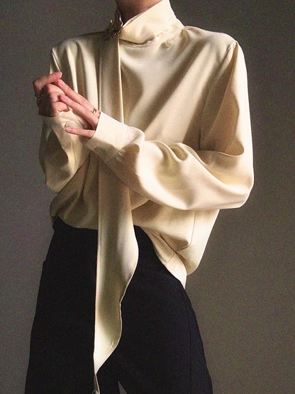 Standing-Collar Tie Drape Long Sleeve Shirt WN23136