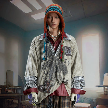 Fake Layered V-Neck Patchwork Long Sleeve T-Shirt WN21358