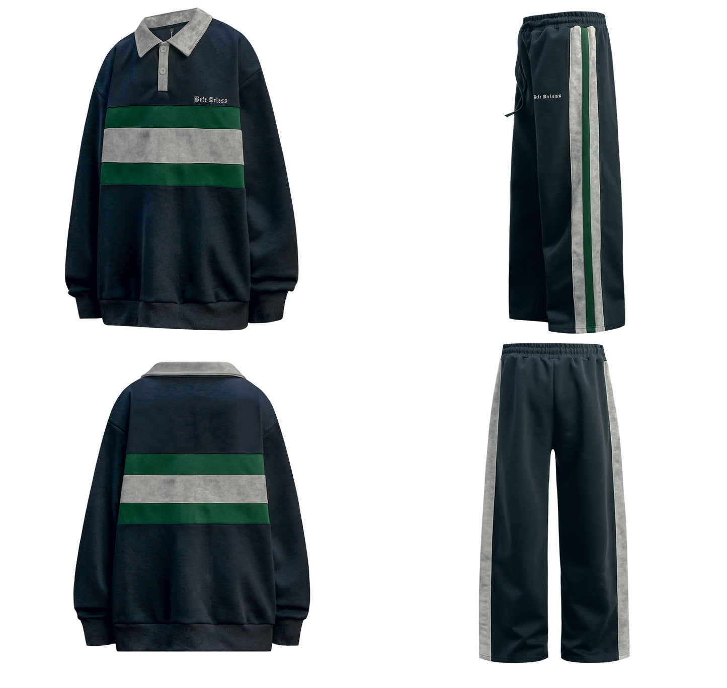 Washed Patchwork Colorblock Long Sleeve Polo Shirt & Sporty Pants Setup WN18568