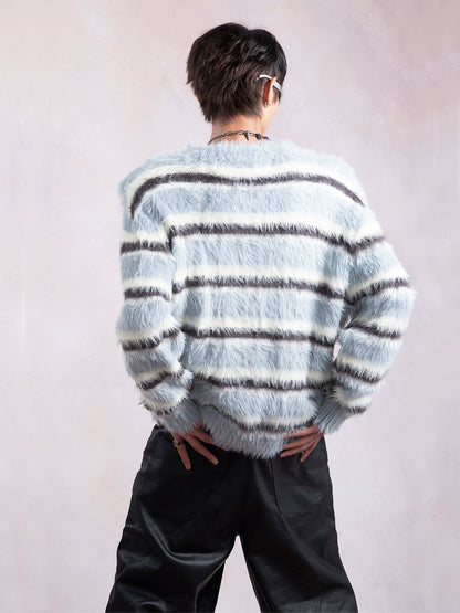 Contrasting Color Stripe Round Neck Knit Sweater WN9312