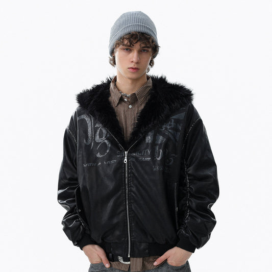 Fake Fur-Collar PU Leather Zipper Jacket WN22116