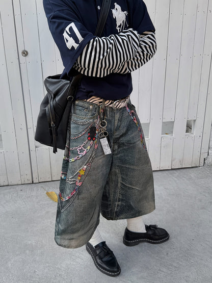 3D Print Wide Leg Half Denim Jeans WN24376