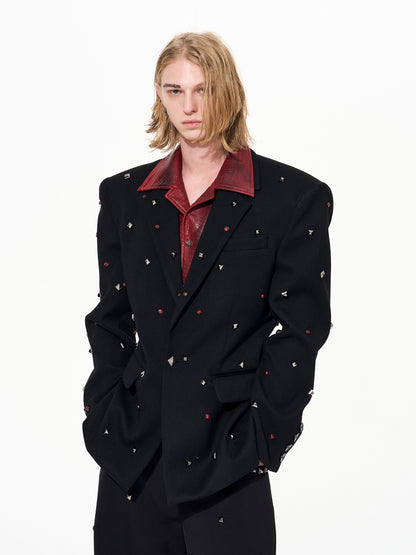 PU Leather Fake Layered Studs Design Tailored Jacket & Wide Leg Trousers Setup WN22648