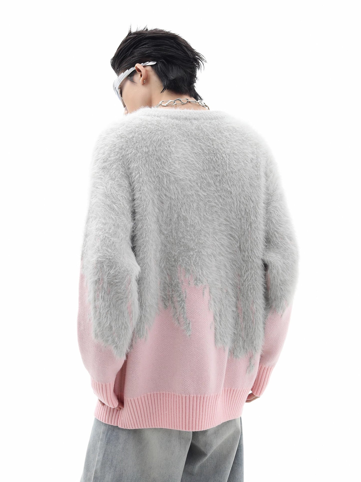 Oversize Shaggy Colorblock Knit Sweater WN10278