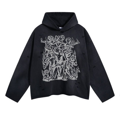 Spray Print Damage Cut-off Oversize Hoodie WN10002